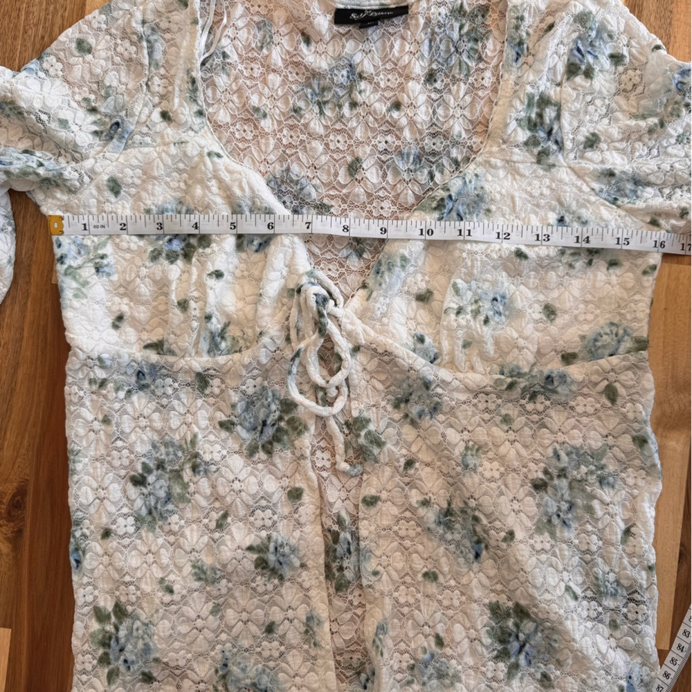Cottagecore Floral Lace Tie Front Top Ditsy Blue Long Sleeve Sweetheart‎ Medium - Picture 6 of 10